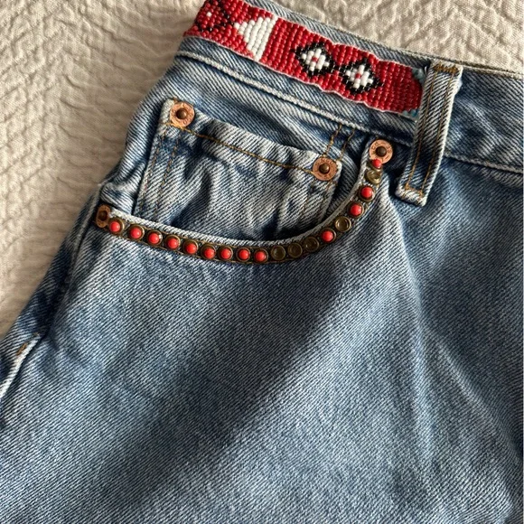 Levi's Blue Denim Jean Shorts with Red Beaded Trim - Picture 3 of 5